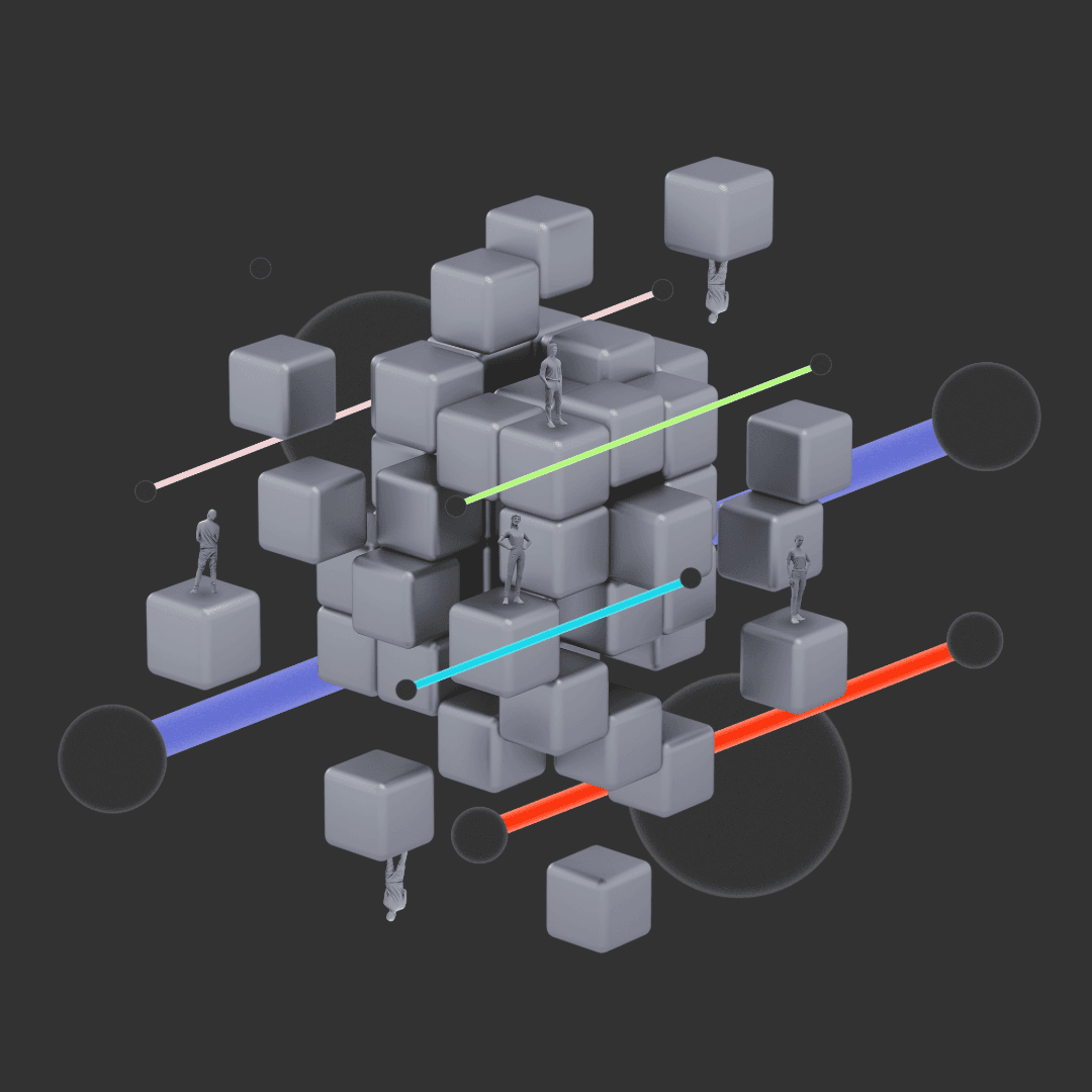 3D visualization of connected data blocks and human figures representing AI, media connectivity, and modern marketing strategy.